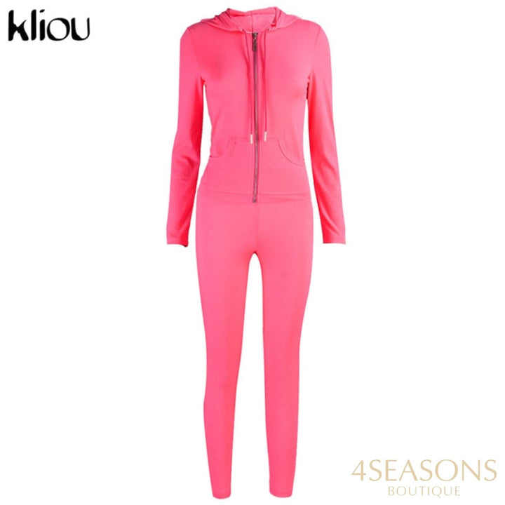 Kliou Autumn Two Piece Set Women Long Sleeve Hooded Zipper Pocket Sporty Jackets+Leggings Matching