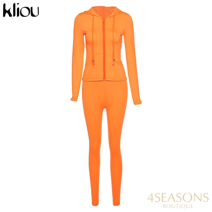 Kliou Autumn Two Piece Set Women Long Sleeve Hooded Zipper Pocket Sporty Jackets+Leggings Matching