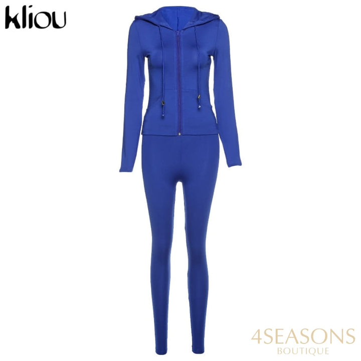 Kliou Autumn Two Piece Set Women Long Sleeve Hooded Zipper Pocket Sporty Jackets+Leggings Matching