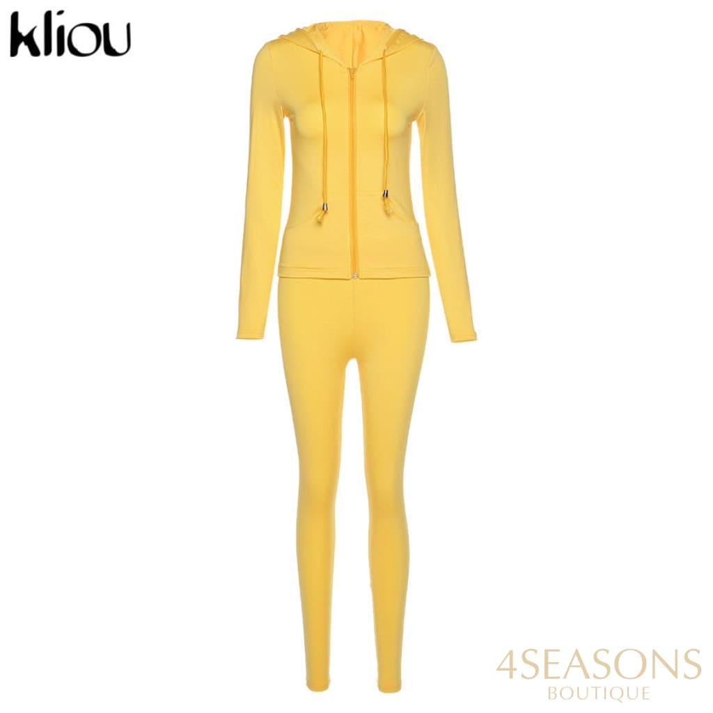 Kliou Autumn Two Piece Set Women Long Sleeve Hooded Zipper Pocket Sporty Jackets+Leggings Matching