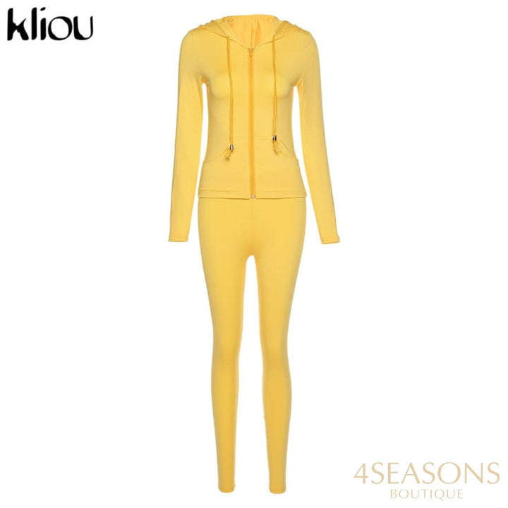 Kliou Autumn Two Piece Set Women Long Sleeve Hooded Zipper Pocket Sporty Jackets+Leggings Matching