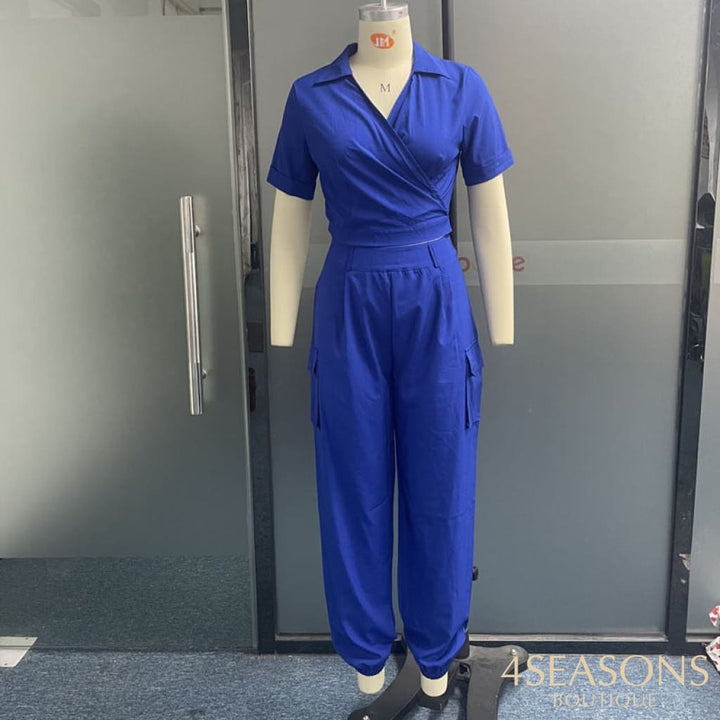Liyong Women Jumpsuit Summer Fashion V Neck Short Sleeve Solid Color Nipped Waist With Pockets