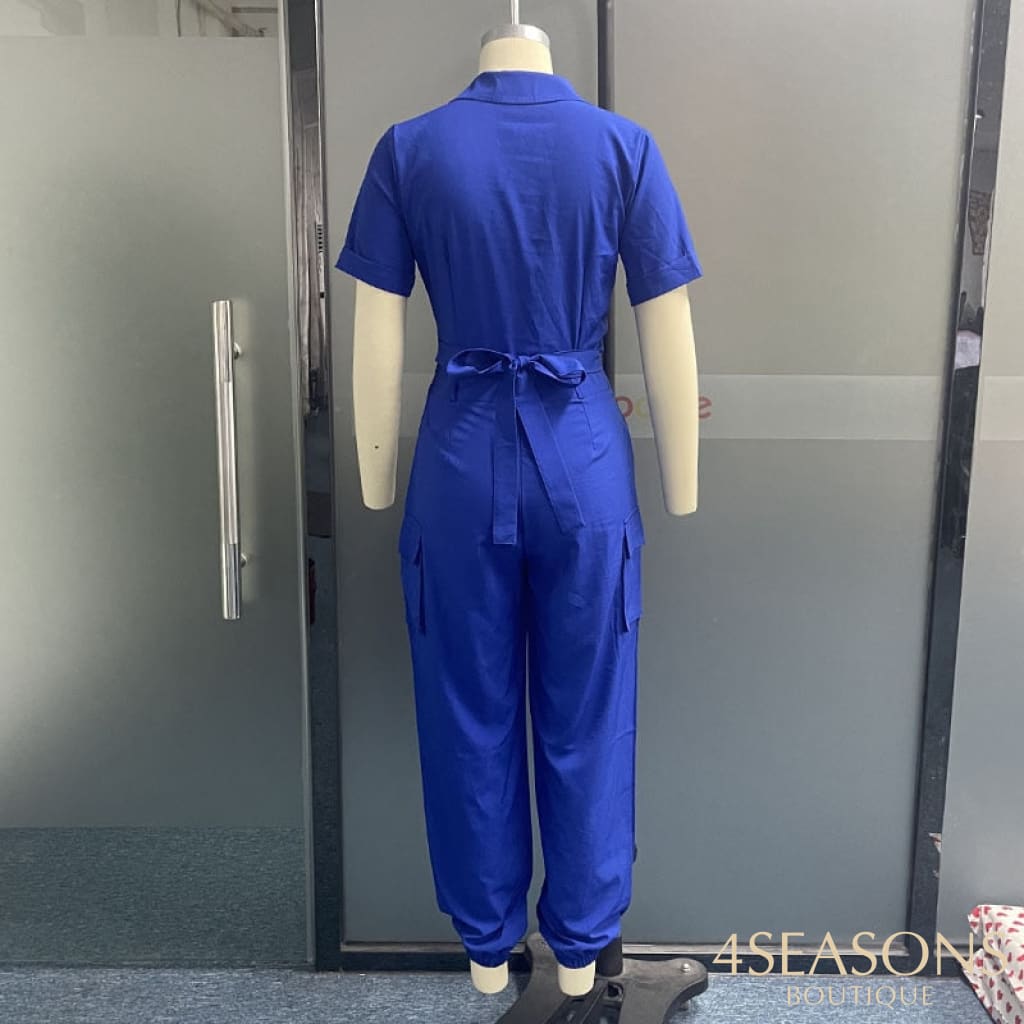 Liyong Women Jumpsuit Summer Fashion V Neck Short Sleeve Solid Color Nipped Waist With Pockets
