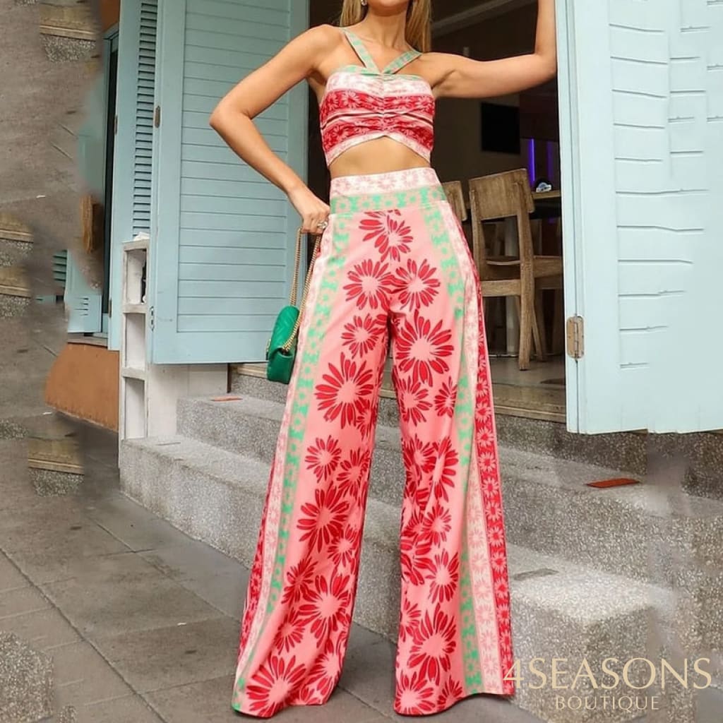 Liyong Women Two Piece Set Fashion Printing Sling Sleeveless Leaky Back Top Casual Loose Wide Legs