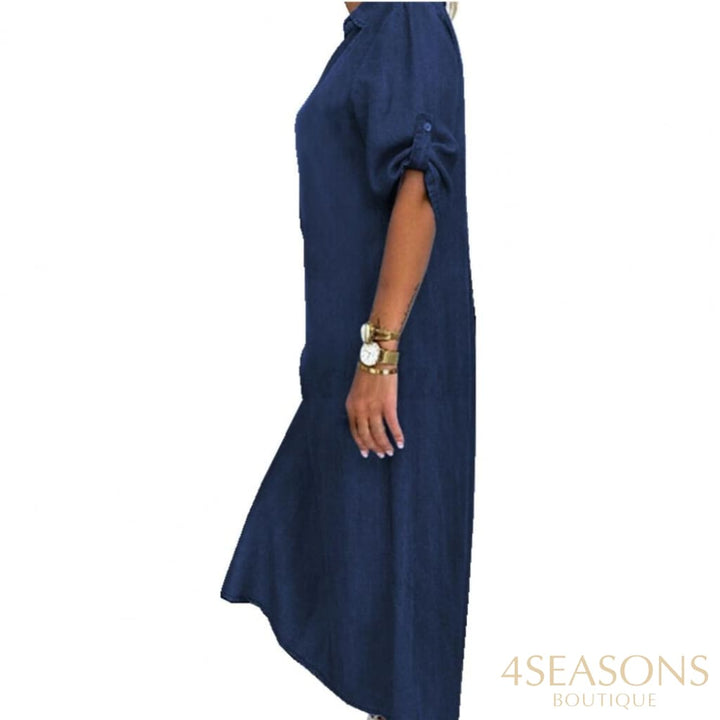Loose Denim Dress Women Vintage Half Sleeve Side Slitting Hem V-Neck Long Elegant Party