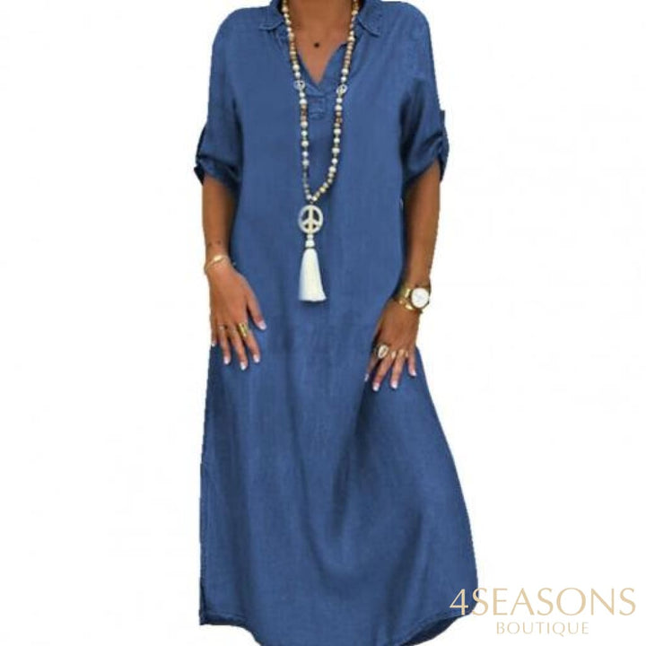 Loose Denim Dress Women Vintage Half Sleeve Side Slitting Hem V-Neck Long Elegant Party Light Blue /