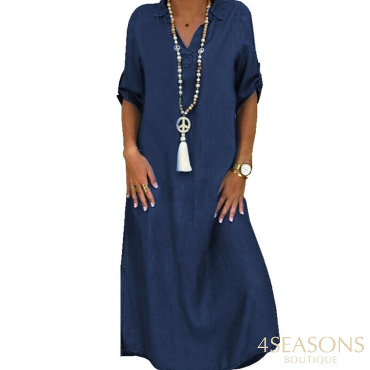 Loose Denim Dress Women Vintage Half Sleeve Side Slitting Hem V-Neck Long Elegant Party Navy Blue /