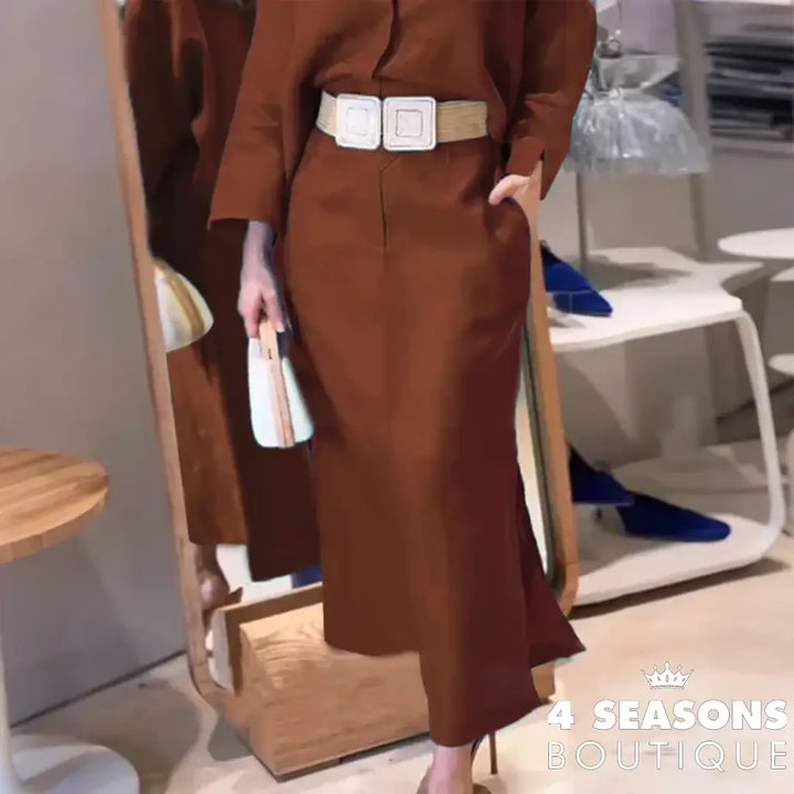 Ellafads Women’s Clothing Fashion Brown Green V-neck Dress Elegant Casual Waist-closing Dresses For Women