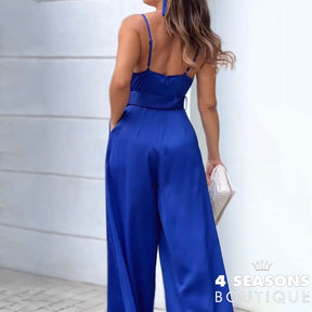 Liyong Women Sexy Suspender Jumpsuit Nipped Waist Lace Up Casual Loose With Pockets Wide Legs