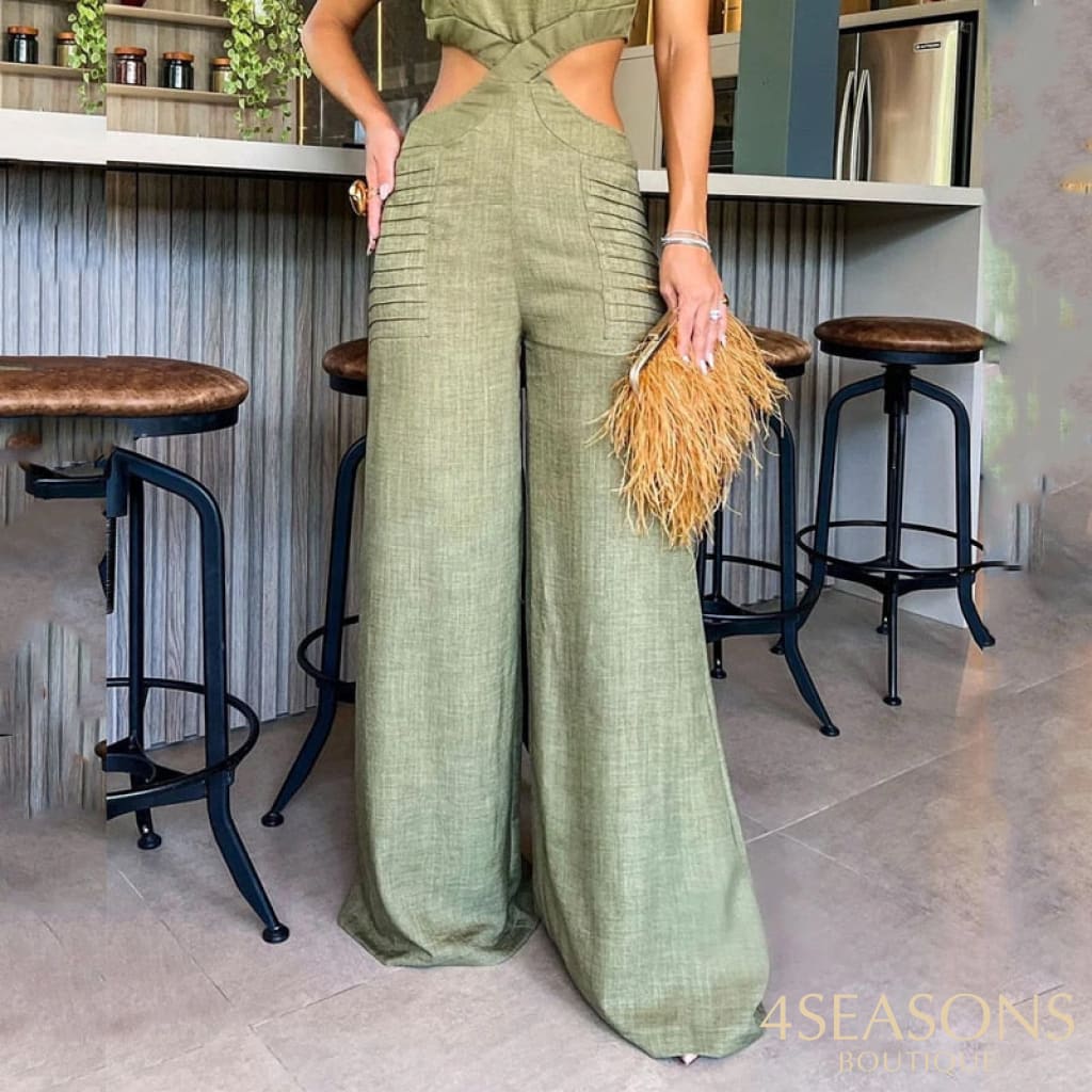 Ellafads Women Jumpsuit Fashion Solid Round Neck Ruffled Short Sleeve Hollow Out Open Waist Wide