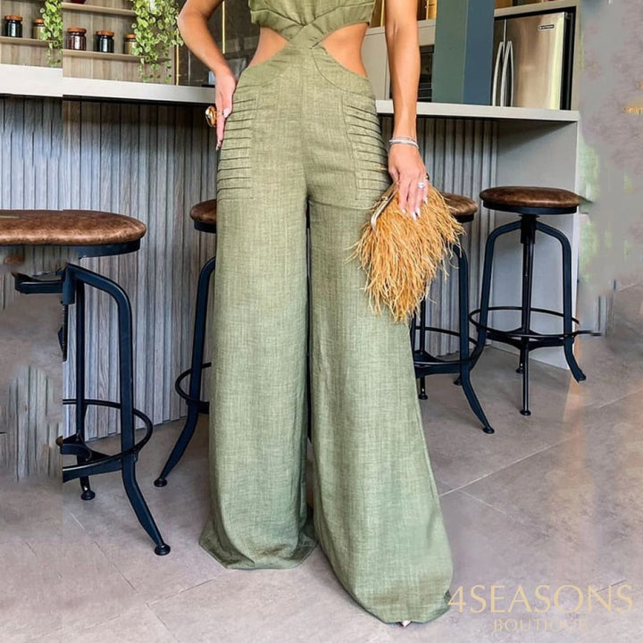 Ellafads Women Jumpsuit Fashion Solid Round Neck Ruffled Short Sleeve Hollow Out Open Waist Wide