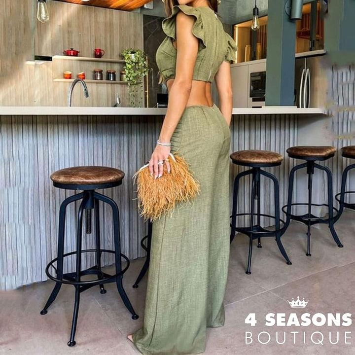 Ellafads Women Jumpsuit Fashion Solid Round Neck Ruffled Short Sleeve Hollow Out Open Waist Wide