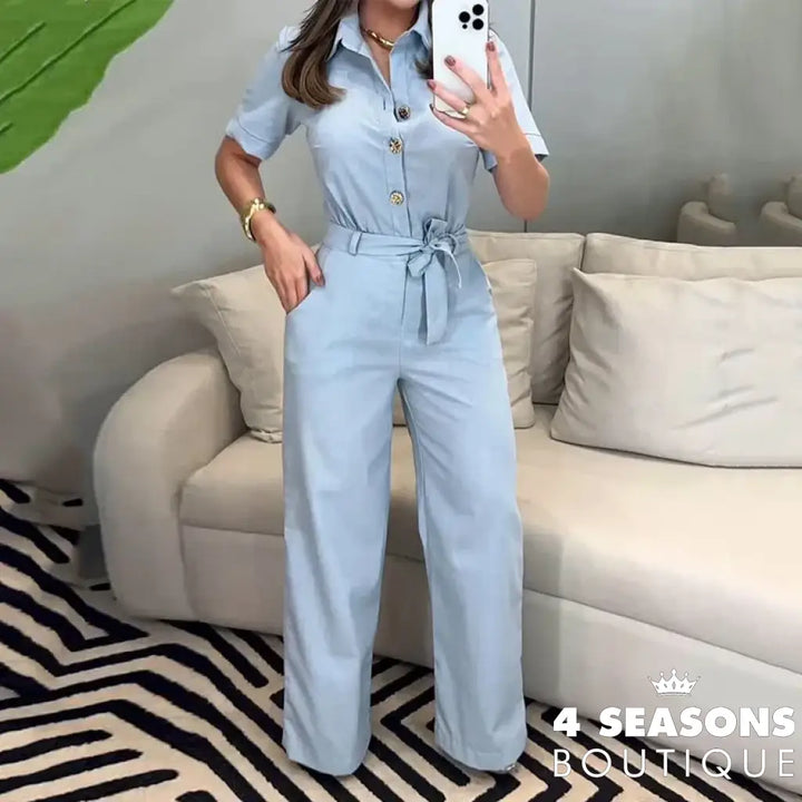 Wefads Jumpsuit Summer Women Casual Solid Short Sleeve Lapel Single Breasted Button Lace Up Nipped