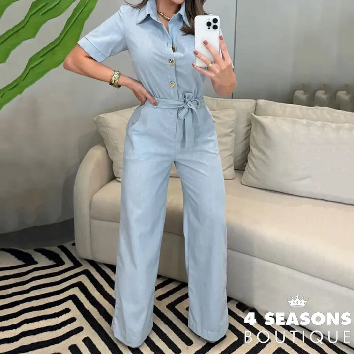 Wefads Jumpsuit Summer Women Casual Solid Short Sleeve Lapel Single Breasted Button Lace Up Nipped