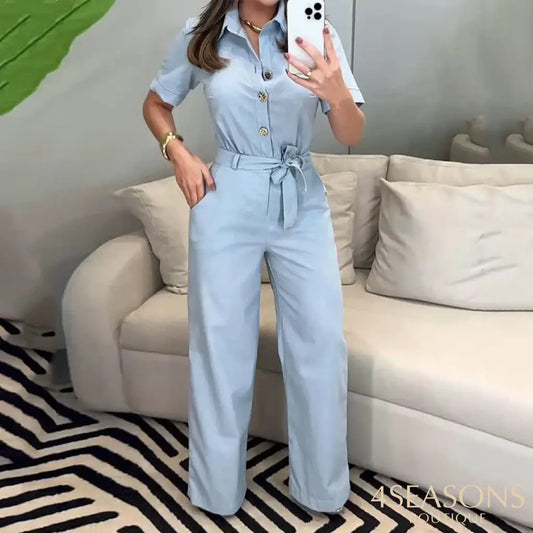Wefads Jumpsuit Summer Women Casual Solid Short Sleeve Lapel Single Breasted Button Lace Up Nipped