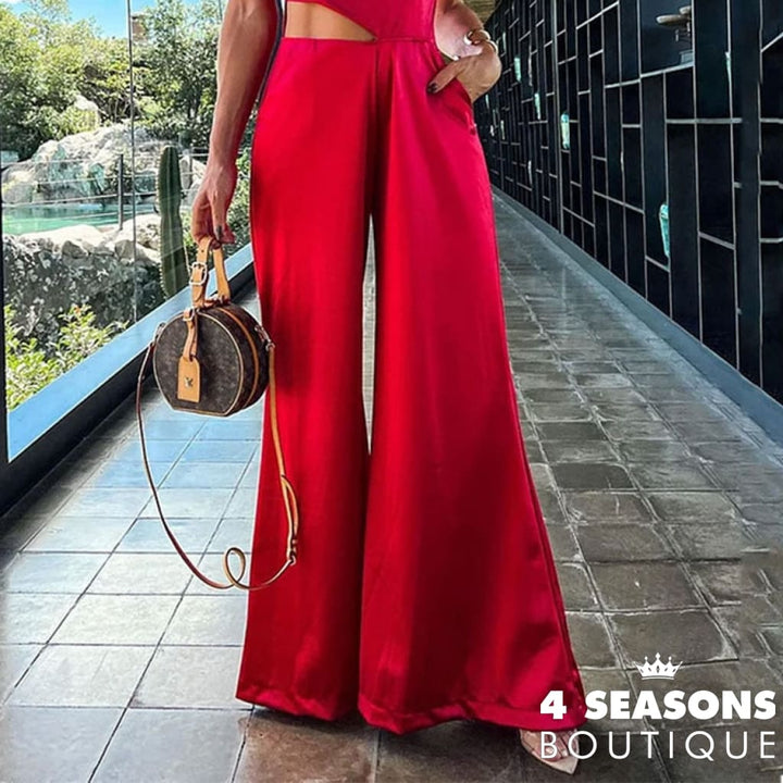 Liyong Women Jumpsuit Fashion Summer Solid Round Neck Sleeveless Cutout Nipped Waist Casual Flared