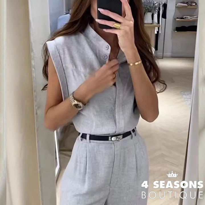 Liyong Women Two Piece Set Summer Fashion Solid V Neck Sleeveless Top Casual Loose With Pockets