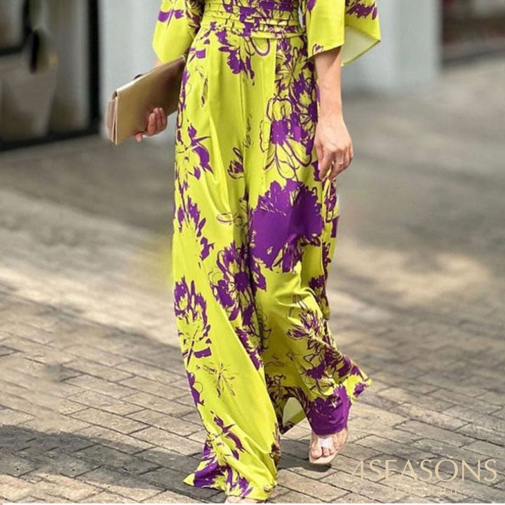 Liyong Women Jumpsuit Summer Short Bat Sleeve V Neck Backless Nipped Waist Loose Wide Legs Casual