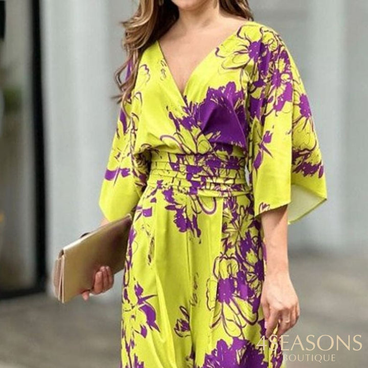 Liyong Women Jumpsuit Summer Short Bat Sleeve V Neck Backless Nipped Waist Loose Wide Legs Casual