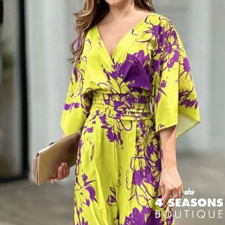 Liyong Women Jumpsuit Summer Short Bat Sleeve V Neck Backless Nipped Waist Loose Wide Legs Casual