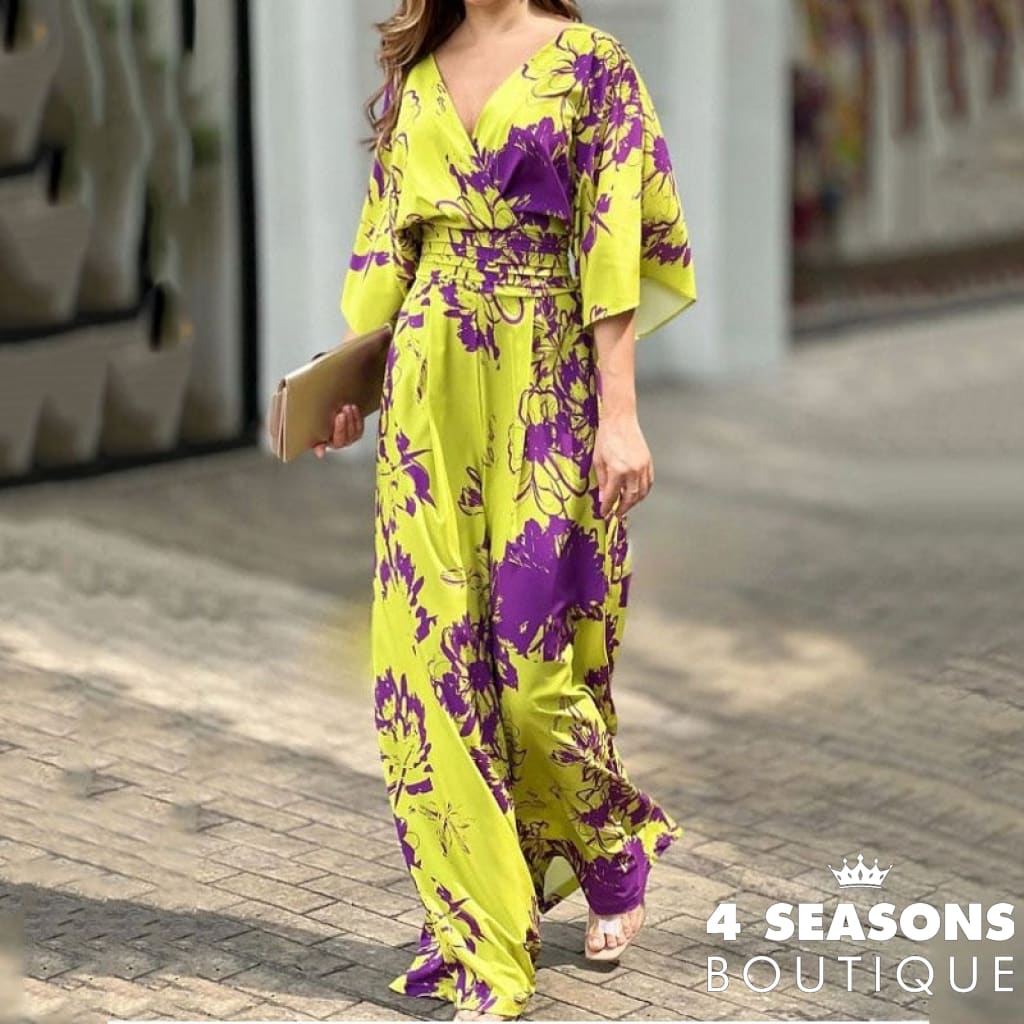 Liyong Women Jumpsuit Summer Short Bat Sleeve V Neck Backless Nipped Waist Loose Wide Legs Casual