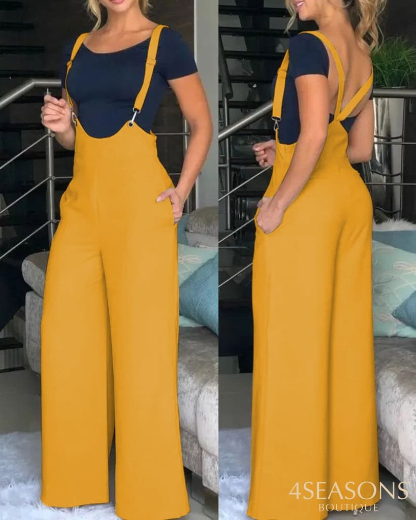 Spring Summer Casual Solid Strap Jumpsuit Women Fashion High Waist Wide Leg Bodysuit Beige / S