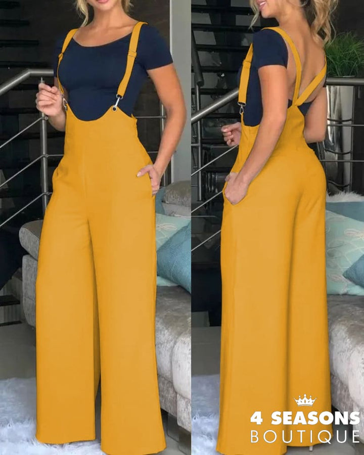 Spring Summer Casual Solid Strap Jumpsuit Women Fashion High Waist Wide Leg Bodysuit Beige / S