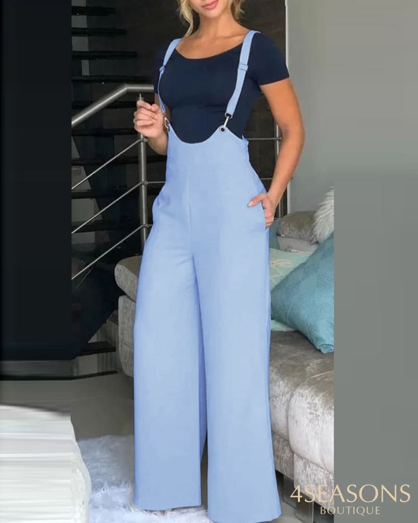 Spring Summer Casual Solid Strap Jumpsuit Women Fashion High Waist Wide Leg Bodysuit Dark Grey / S