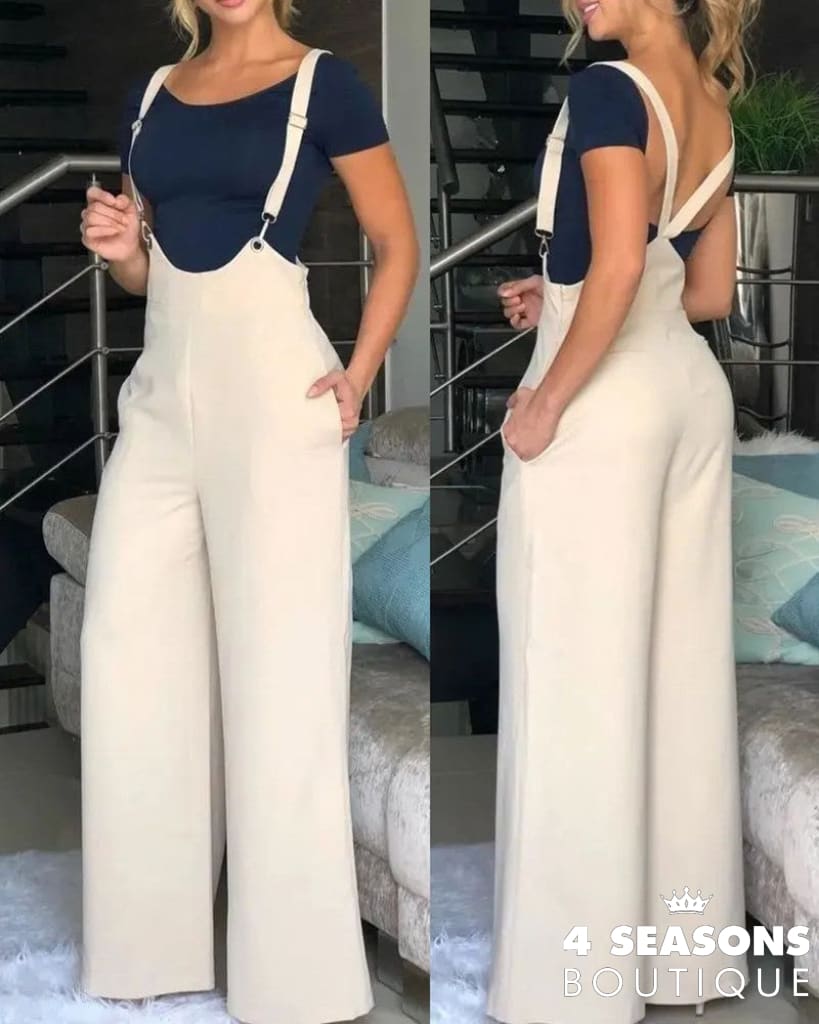 Spring Summer Casual Solid Strap Jumpsuit Women Fashion High Waist Wide Leg Bodysuit Ivory / S