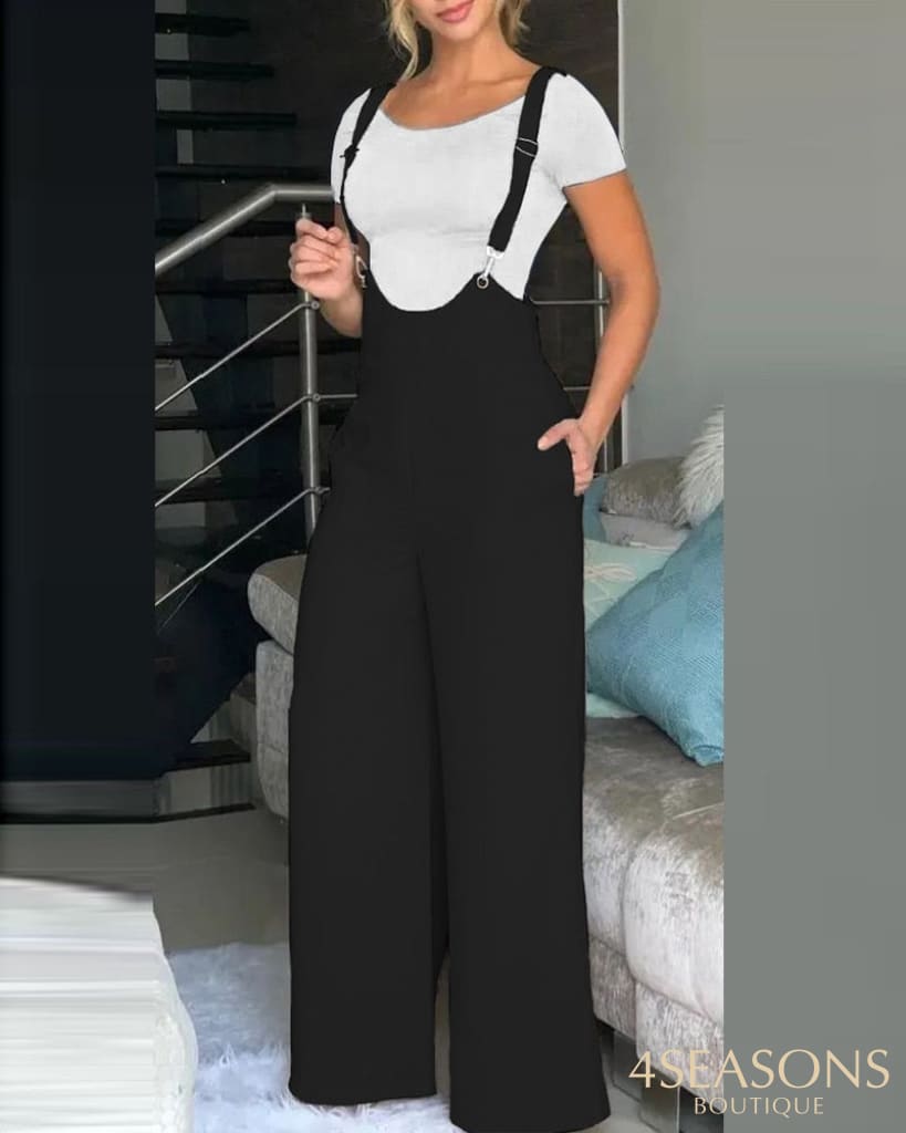 Spring Summer Casual Solid Strap Jumpsuit Women Fashion High Waist Wide Leg Bodysuit Khaki / S