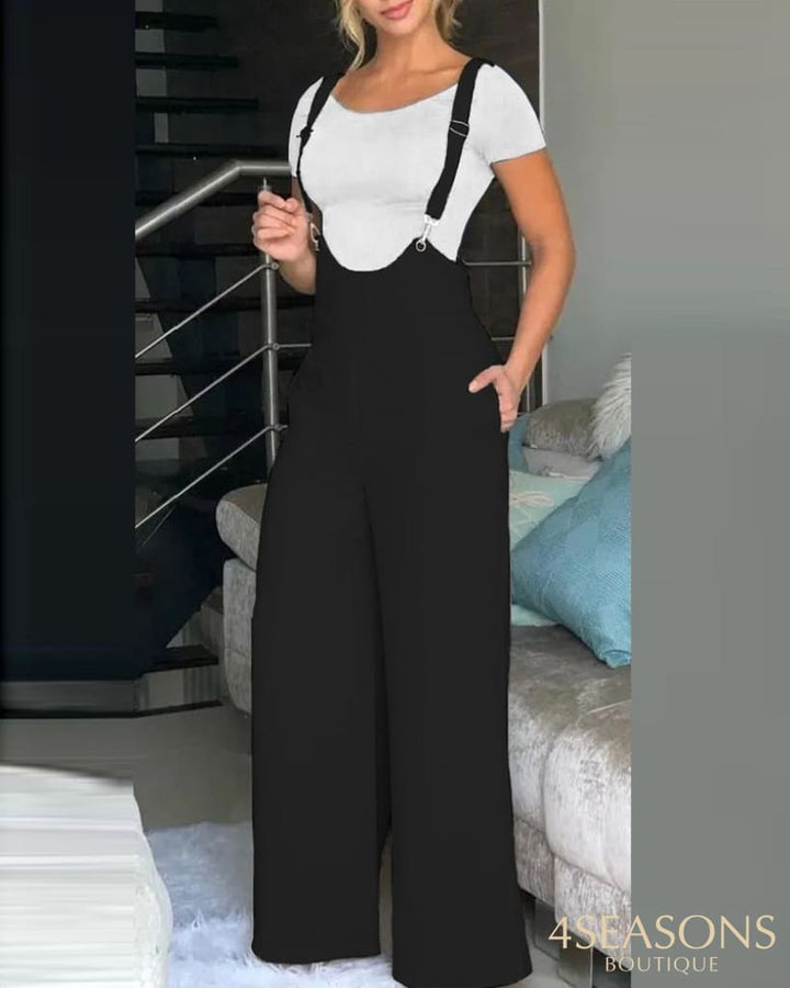 Spring Summer Casual Solid Strap Jumpsuit Women Fashion High Waist Wide Leg Bodysuit Khaki / S