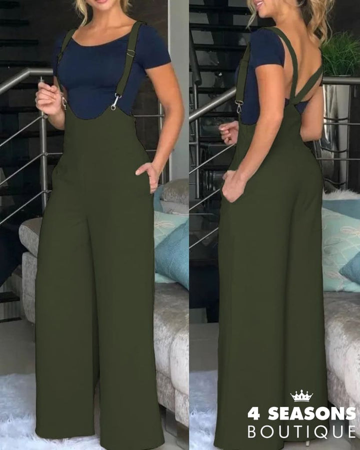 Spring Summer Casual Solid Strap Jumpsuit Women Fashion High Waist Wide Leg Bodysuit Army Green / S