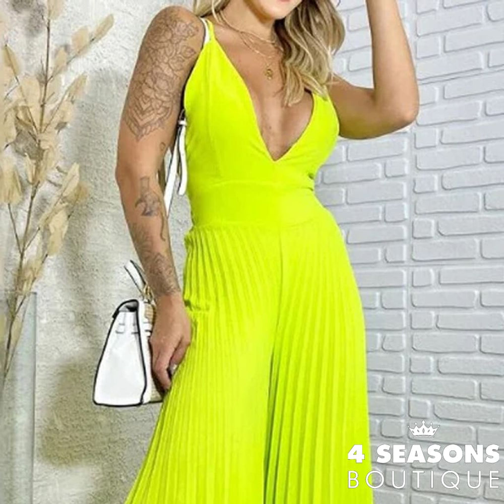 Liyong Women Jumpsuit V Neck Suspenders Sleeveless Backless Nipped Waist Loose Wide Legs Casual