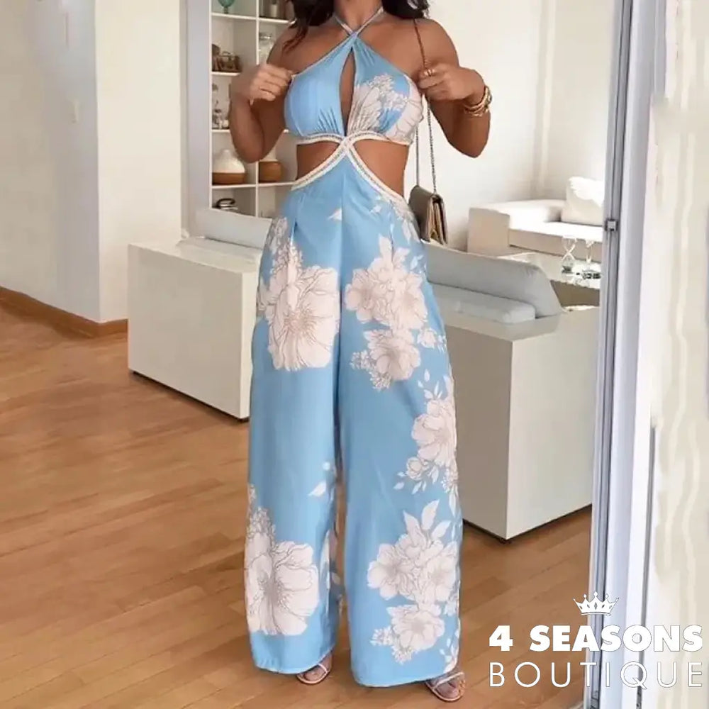 Wefads Jumpsuit Women Casual Printed Sleeveless Hollow Out Cross-Strap Halter Neck Lace Up Backless