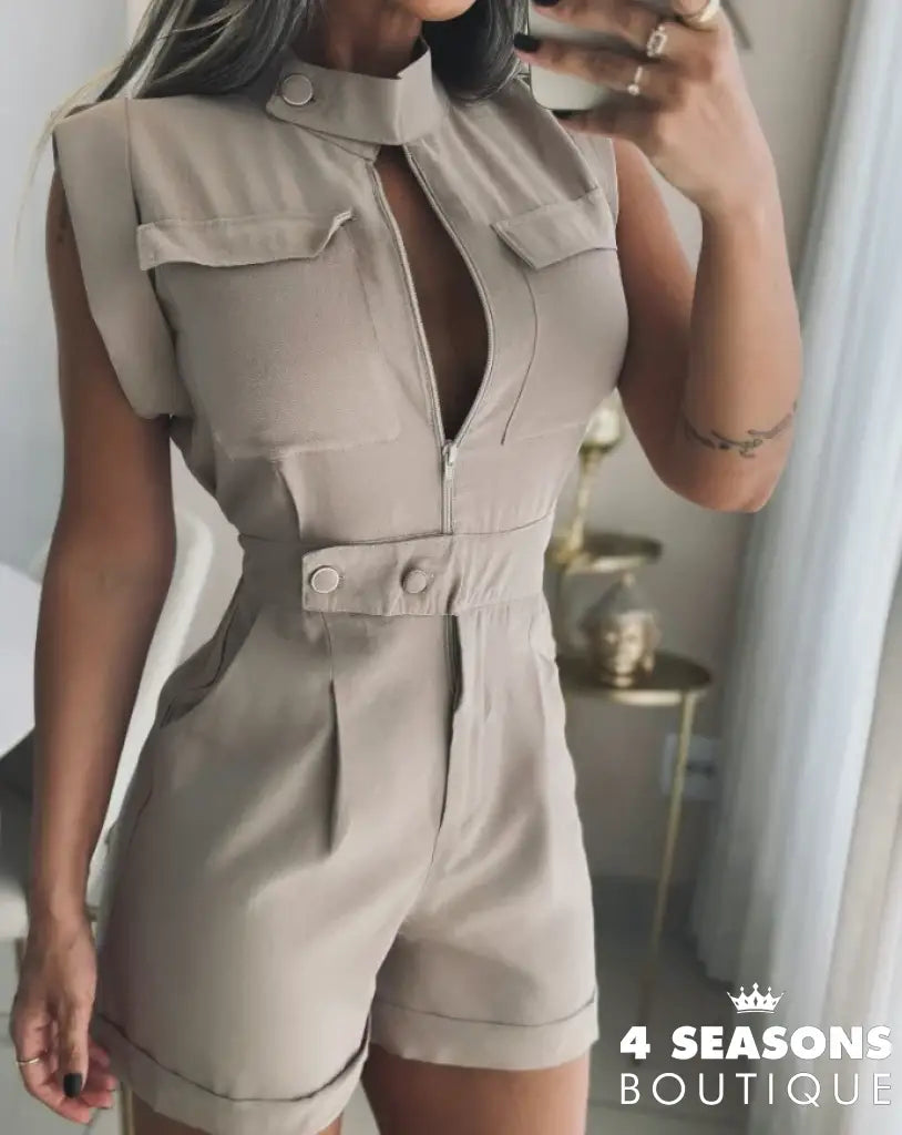 Sexy Elegant Round Neck Sleeveless Ruched Romper Zipper Pocket Design Jumpsuit New Fashion 2025
