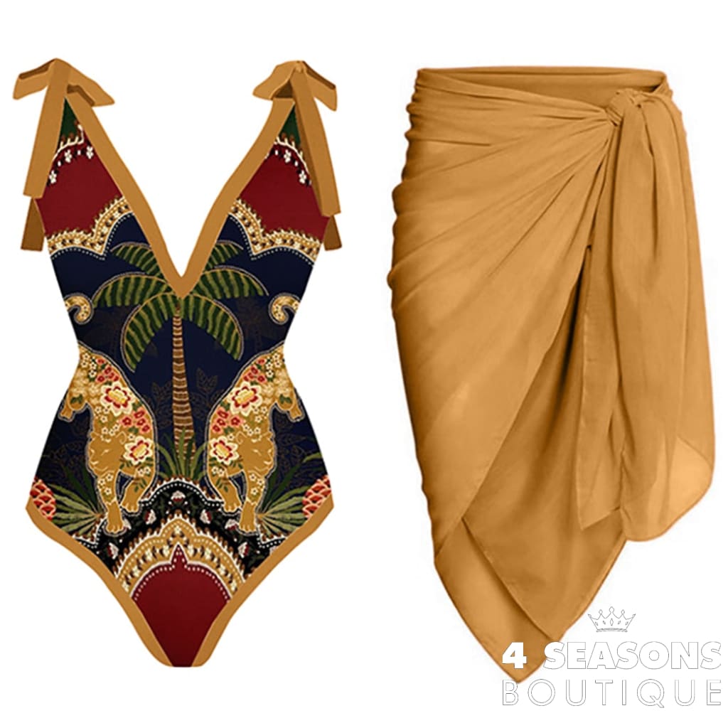 V-Neck Vintage Animal Print One-Piece Swimsuit Set High Waist Slim Open Back Beachwear Women Bow Tie
