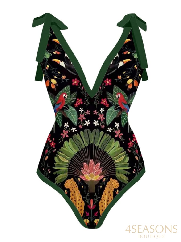 Vintage Print Deep V One Piece Swimsuit Set Two Pieces Biquini Naranja 2022 Women's Cover Up