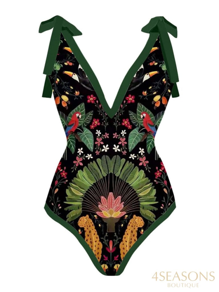 Vintage Print Deep V One Piece Swimsuit Set Two Pieces Biquini Naranja 2022 Women's Cover Up
