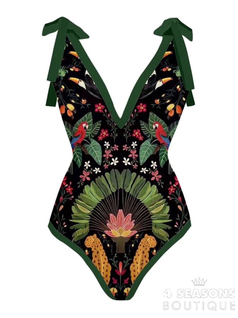 Vintage Print Deep V One Piece Swimsuit Set Two Pieces Biquini Naranja 2022 Women&#39;s Cover Up