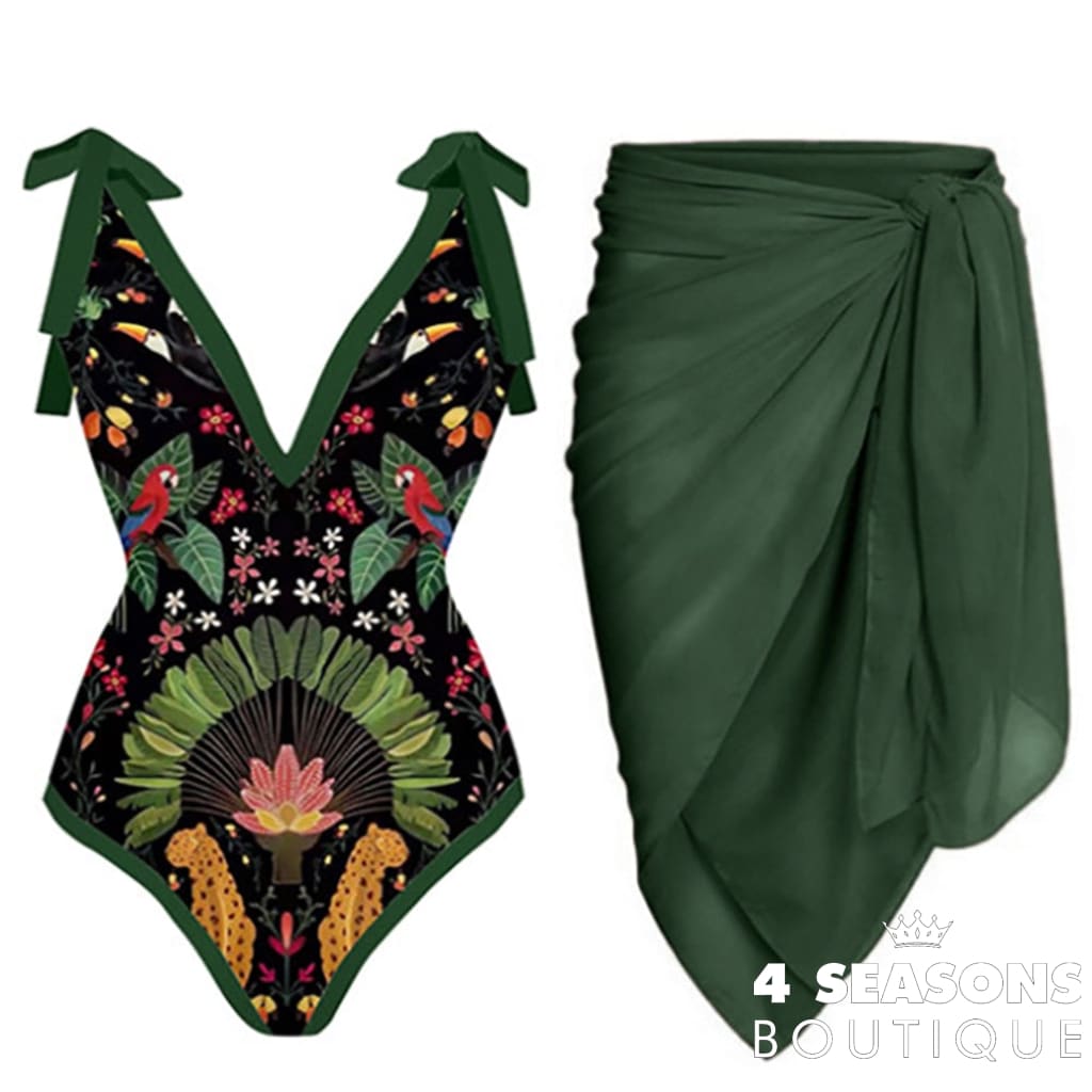 Vintage Print Deep V One Piece Swimsuit Set Two Pieces Biquini Naranja 2022 Women&#39;s Cover Up