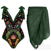 Vintage Print Deep V One Piece Swimsuit Set Two Pieces Biquini Naranja 2022 Women&#39;s Cover Up