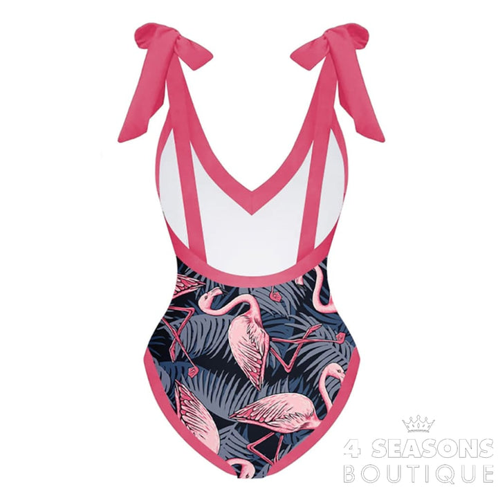 Pink Flamingo Print Bikini Set V-Neck High Waist Slim Swimsuit Womens Bow Tie Strap Style Beachwear