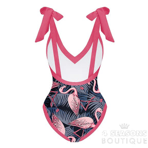 Pink Flamingo Print Bikini Set V-Neck High Waist Slim Swimsuit Womens Bow Tie Strap Style Beachwear