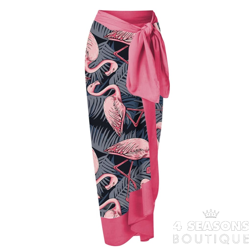Pink Flamingo Print Bikini Set V-Neck High Waist Slim Swimsuit Womens Bow Tie Strap Style Beachwear