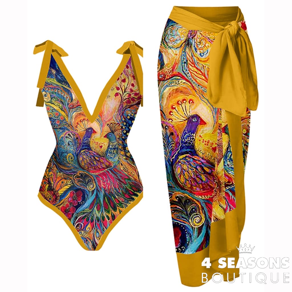 Swimwear 2022 New Retro One-Piece Swimsuit And Cover Up Women Bathing Suit Sexy Printed Bikini