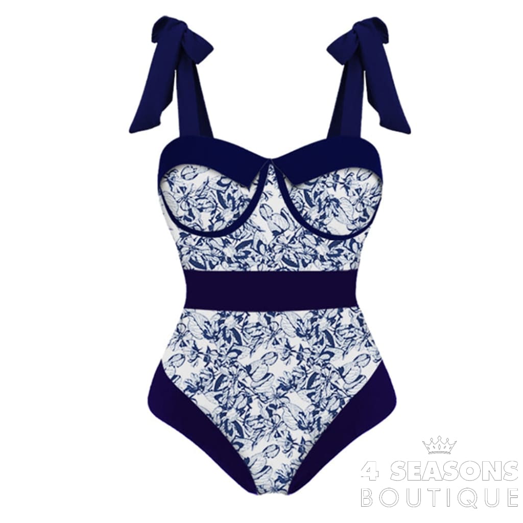 Printed Bow Strap Design Elegant High Waist Slim Bikini One Piece Sexy Chiffon Beach Dress Cover Up