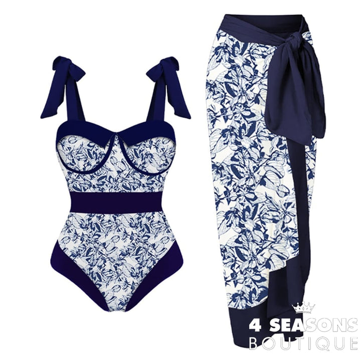 Printed Bow Strap Design Elegant High Waist Slim Bikini One Piece Sexy Chiffon Beach Dress Cover Up