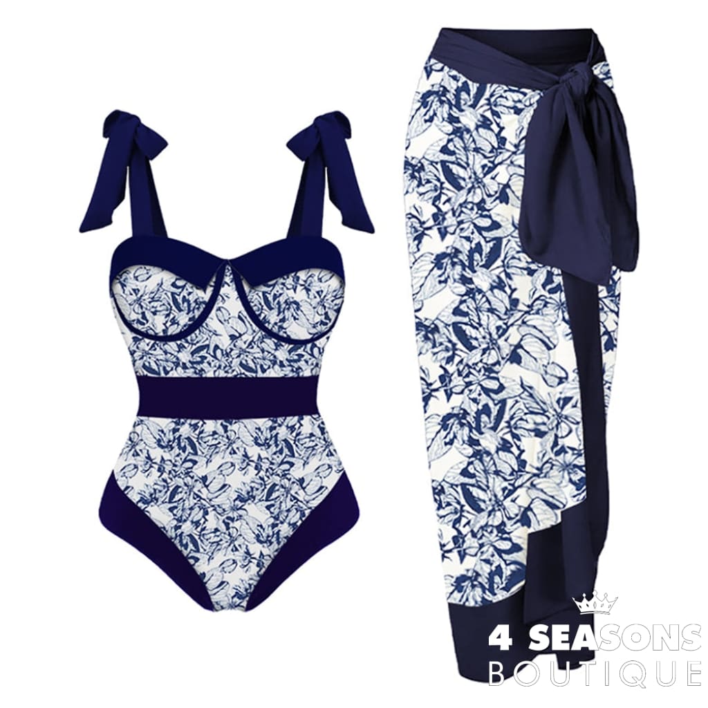 Printed Bow Strap Design Elegant High Waist Slim Bikini One Piece Sexy Chiffon Beach Dress Cover Up