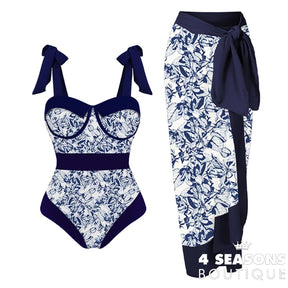 Printed Bow Strap Design Elegant High Waist Slim Bikini One Piece Sexy Chiffon Beach Dress Cover Up