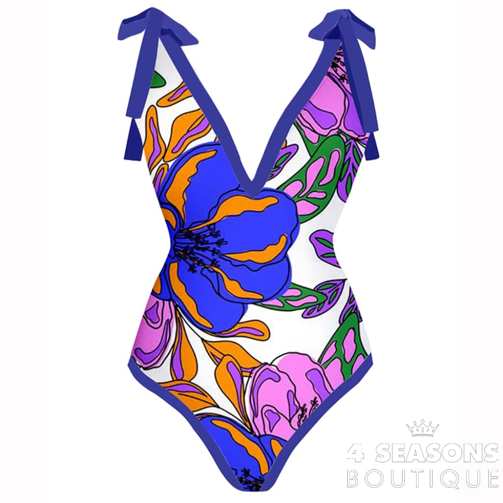 Sexy Printed Bikini Set Lace Up Chic One Piece Swimsuit With Cover-Ups Backless V-Neck Swimwear